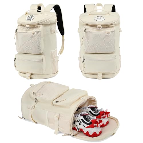 Solid color gym duffel bag backpack, wrestling bag,with shoe compartment, 4 kinds of back method waterproof travel sports walking laptop Lightweight（B-Sea Salt White） - color: B-Sea salt white