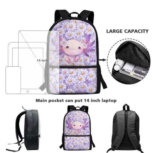 ZDCUSTOM 5PCS Daisy Axolotl Backpacks with Lunch Box Set for Girls - color: Daisy Axolotl