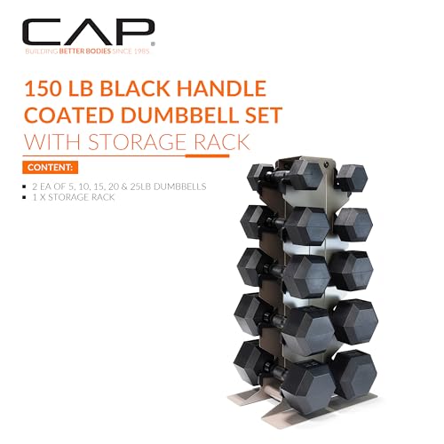 CAP Dumbbell Set with Rack, Rubber Coated Hex Free Weight Set | 100–300 lb Options, Vertical Space-Saving Storage for Home Gym Strength Training - size: 150 lb Set - Tan Rack, style: Comfort Handle
