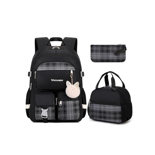 3PCS School Backpack For Student Women College Middle High Teen Girls Bookbag Waterproof Laptop Bag Plaid Black - color: Plaid Black