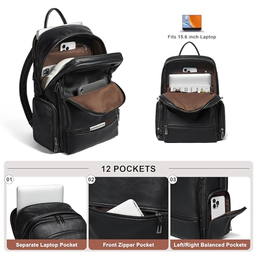 Leather Backpack for Women Men, Fits 16.0 Inch Laptop, Soft Vegan Leather Backpack for Travel and Daily Use, Black - color: 2-1 Black