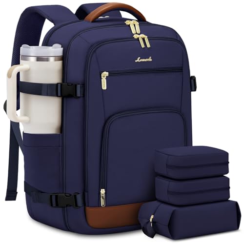 LOVEVOOK Travel Backpack For Women Flight Approved, 50L Large Carry On Backpack, Personal Item Travel Bag for Airplanes, Business 18 Inch Laptop Backpack, Weekender Overnight Daypack, With 3 Cubes - color: Dark Blue-brown, size: 50l-18 Inch-4pcs
