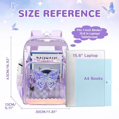 MUSEVOS Clear Backpack for School, Clear Bookbag for Girls PVC Heavy Duty Transparent Backpack, Purple Butterfly - color: Purple