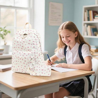 Bluboon Teen Girls School Backpack Kids Bookbag Set with Lunch Box Pencil Case Travel Laptop Backpack Casual Daypacks (Beige bow tie) - color: Beige Bow Tie