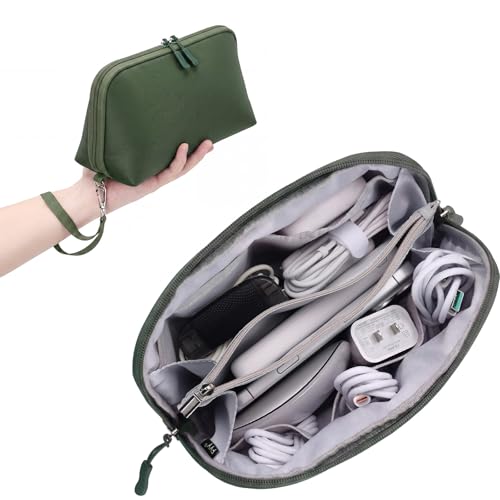 FYY Travel Cable Organizer - 8 Compartments Lightweight Water Resistant Tech Pouch with Wrist Strap, Portable Electronic Accessories Case for Cord Charger Storage for Travel Home Office Green (Large) - color: Green, style: L