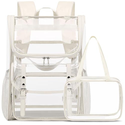 DIGOBAY Clear Backpack with Lunch Bag Set, Leather Clear Backpack Heavy Duty Thick PVC Bookbag Fashion See Through Transparent Backpacks with Support Pad for College Travel Work Beige - color: Beige
