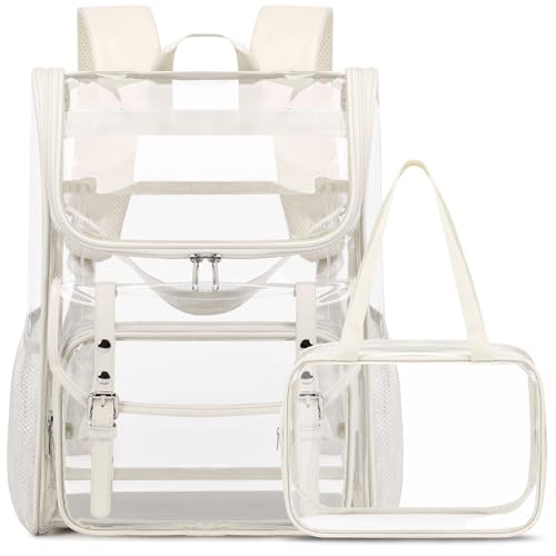 DIGOBAY Clear Backpack with Lunch Bag Set, Leather Clear Backpack Heavy Duty Thick PVC Bookbag Fashion See Through Transparent Backpacks with Support Pad for College Travel Work Beige - color: Beige