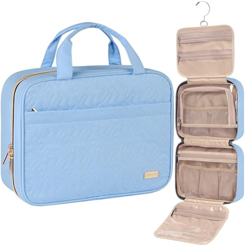 NISHEL Travel Toiletry Bag for women, Portable Hanging Organizer for Full-Sized Shampoo, Conditioner, Brushes Set, Makeup Accessories, Large Size, Placid-Blue - color: Placid-Blue, size: Large