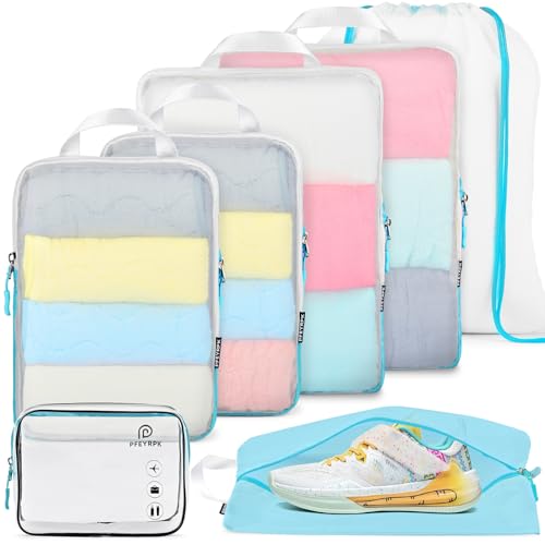 PFEYRPK Lightweight Compression Packing Cubes for Suitcases, Compressible Expandable Travel Packing Organizer with Clear Toiletries and Backpack Bag, Travel Essentials for Carry on Luggage 7 Set - color: Mesh/ Clear, size: 7 Set