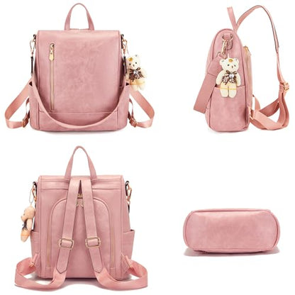 Soperwillton Women Fashion Backpack Purse Anti-Theft Leather Shoulder Bag Travel Multi Pockets Handbag Wallet Set 3pcs - color: Pink