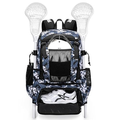 KAVIGOR Lacrosse Bag 65L, Extra Large Lacrosse Gear Backpack with Multi-Pocket Design, Helmet Holder & Ventilated Shoe Compartment - color: Camo Blue