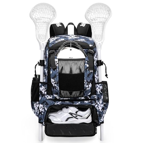KAVIGOR Lacrosse Bag 65L, Extra Large Lacrosse Gear Backpack with Multi-Pocket Design, Helmet Holder & Ventilated Shoe Compartment - color: Camo Blue