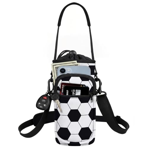 Water Bottle Holder with Strap, Water Bottle Carrier Bag with Phone Pocket, Shoulder Hand Strap Insulated Neoprene 32/40 oz Water Bottle Sleeve for Walking Hiking Camping Gym - color: 8 Soccer, size: under 32oz