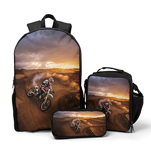 Giwawa Cool Dirt Bike Motocross School Backpacks for Teen Boys Motorcycle Vehicle in Desert Backpack School Bookbag Set Lunch Bag Pencil Case - color: Desert Motorcycle