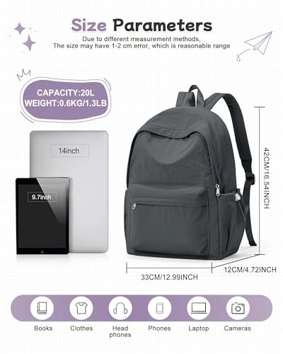 BJLFS Grey Backpack for School Women Girls, Waterproof Bookbag Cute High School Back Pack for Men Teen Boys, Lightweight Travel College Backpack Mochilas Escolares para Casual Daypack Rucksack - color: Grey