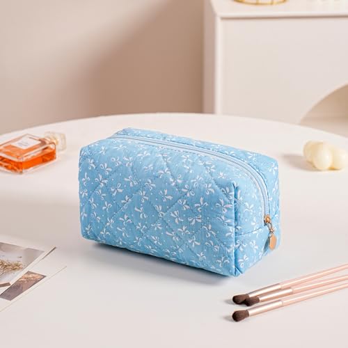 Cute Floral Makeup Bag Small Cotton Quilted Cosmetic Bag, Aesthetic Essential Bag Emergency Bag Gift for Women Girls Travel Accessories (Blue) - color: Blue