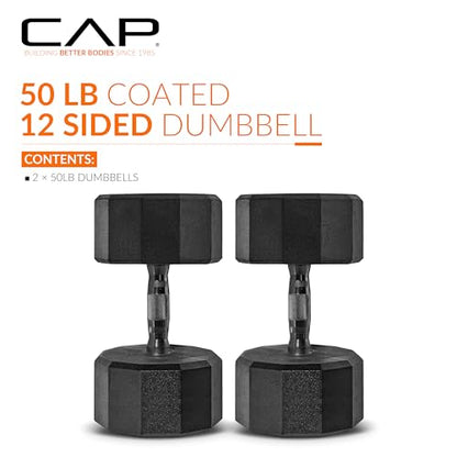 CAP Barbell Coated Dumbbell Weight | Multiple Options Pairs & Sets - size: 50 lb - Pair, style: 12-Sided - Black Handle