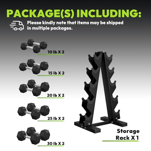 HANDBODE Rubber Coated Hex Dumbbell Set with A-Frame Rack, 100 lb - 600 lb Multiple Options Weight, Hexagon Non-Rolling Shape, Ergonomic Knurled Handle, Home Gym Equipment for Strength Training - style: 200 lb (10, 15, 20, 25, 30 lb) X 2