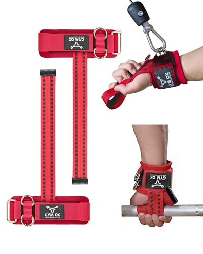 2-in-1 Weight Lifting Straps with D Ring, 7mm Neoprene Padded Wrist Support for Men & Women, Heavy Duty Gym Wrist Straps & Cable Machine Attachment for Gym, Powerlifting, Rows, Pull-ups - color: Red