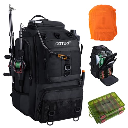 Goture 40L Fishing Tackle Backpack with Cooler Compartment Black, Water-Resistant Fishing Gear Bag & Rain Cover & 3600 Trays - color: Black, size: C - Includes 2 3600 trays with handles