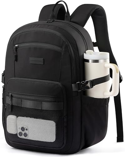 LOVEVOOK Laptop Backpack Women/Men with 40oz Cup Holder Buckle Strap, 15.6 Inch Tech-Ready Work Backpack, TSA-compliant for Travel & College with Versatile Mesh Pocket, Black - color: Black, size: 15.6inch