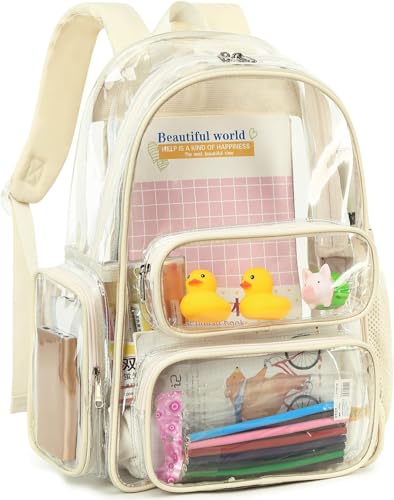 CAMTOP Clear Backpack Heavy Duty Transparent Bag for Stadium Events See Through BookBag for Student School Work Festival Sport Travel (Beige) - color: Beige, size: Medium-17‘’