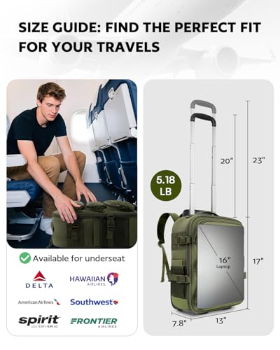 AUROTIER Rolling Tactical Laptop Backpack, Underseat Travel Backpack with Wheels, 16 Inch Wheeled Computer Backpack for Men and Women, Roller Overnight Molle Outdoor Hiking College Carry on Luggage - color: Green
