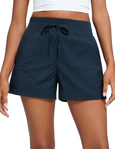CRZ YOGA Lightweight Casual Shorts for Women 3.5" - High Waisted Linerless for Athletic Lounge Hiking with Zip Pockets - color: Ink Blue, size: Medium