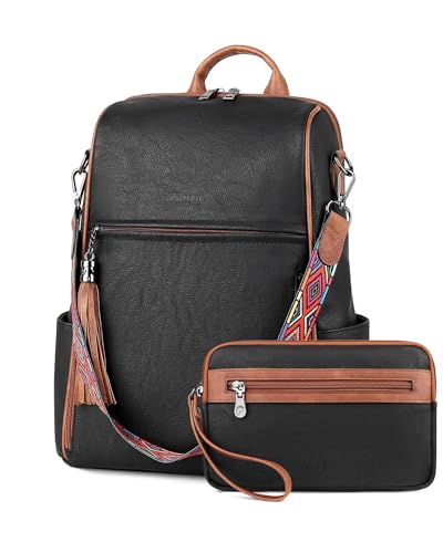FADEON Womens Backpack Purse Large Designer PU Leather Laptop Backpacks, Ladies Computer Shoulder Bags (3 Retro Black With Brown, Medium (14-in Height)) - color: 3 Retro Black With Brown, size: Medium (14-in Height)