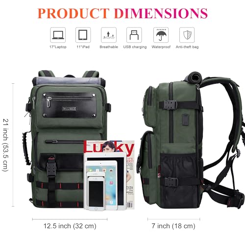 WITZMAN Travel Backpack for Men Duffle Bags Fits 17 Inch Laptop | Nylon Water-resistant 3-in-1 Carry on Backpack Airline Approved, Large Convertible Overnight Rucksack, B685 Army Green - color: Army Green
