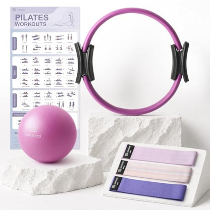 LIONSCOOL Pilates Ring Set – 14" Anti-Deformation Magic Circle with Padded Handles, Mini Ball, Resistance Bands, Guide & Bag - color: Pilates Ring Set - Lilac Frost