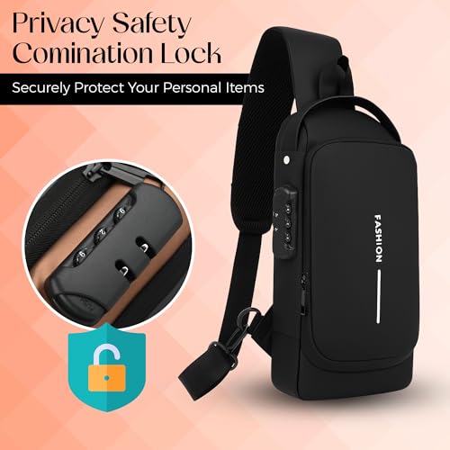 Unisex Anti-Theft Sling Bag with USB Port, Water-Resistant Crossbody Chest Backpack for Travel & Work - color: Black