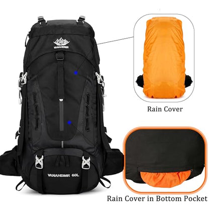 YFREAL 60L Travel Hiking Camping Backpack with Rain Cover,Backpack Water Resistant,Climbing Backpack for Men Women (BLACK) - color: Black