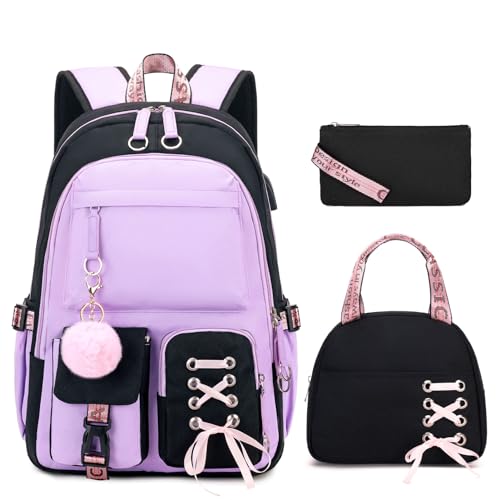 ACESAK Backpacks for Girls, Girls Backpack with Lunch Box and Pencil Case for Teen Kids Elementary Middle High School College Student, Children School Backpack Bookbag with USB Charging Port (Purple) - color: Black & Purple