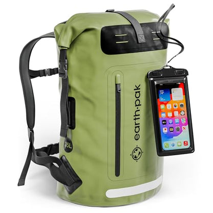 Earth Pak Waterproof Backpack - Heavy Duty Hiking Backpack - Roll-Top Closure Bag - Cushioned Dry Bag Waterproof Phone Case - color: Green, size: 35L