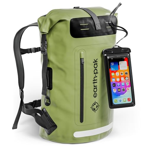 Earth Pak Waterproof Backpack - Heavy Duty Hiking Backpack - Roll-Top Closure Bag - Cushioned Dry Bag Waterproof Phone Case - color: Green, size: 35L