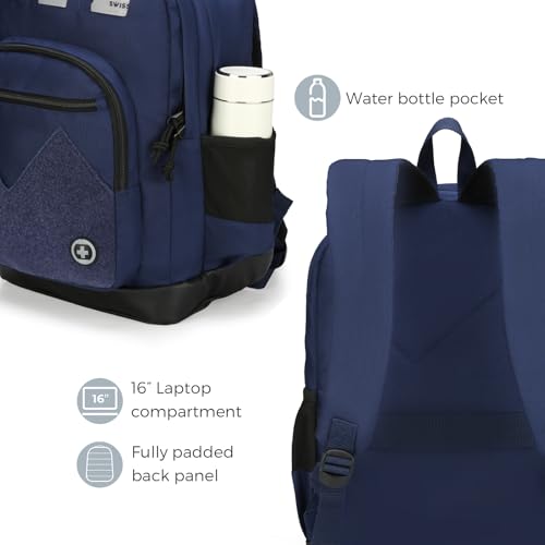 Swissdigital Design Big Student Laptop Backpack with Fun Personalized Patches For College Men & Women, Middle High School Teen Bookbag Cool Travel Daypack Blue -Includes 3 Patches | SD1718-12 - color: Dark Blue
