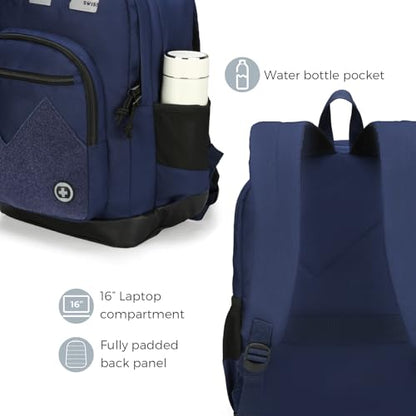 Swissdigital Design Big Student Laptop Backpack with Fun Personalized Patches For College Men & Women, Middle High School Teen Bookbag Cool Travel Daypack Blue -Includes 3 Patches | SD1718-12 - color: Dark Blue