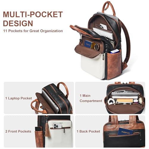 Shrrie Laptop Backpack for Women 15.6 inch Travel Leather Backpack Purse Work Computer Backpacks for Business College Black With Brown and White - color: Black With Brown and White