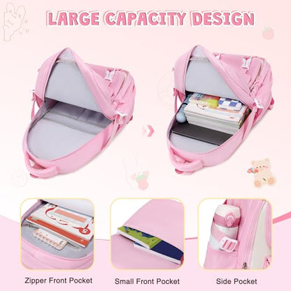 DIGOBAY 3PCS Girls Backpack for School, Hot Pink Large Kids Backpack for Girls with Lunch Box Pencil Case Set for Teen Girl Elementary Primary Middle High College School Bookbag with Cute Pins - color: Hot-pink