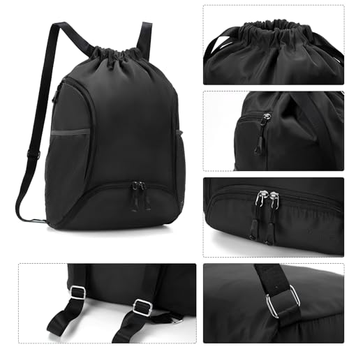Valleycomfy Sports Gym Bag Drawstring Backpack with Shoes Basketball Bag and Two Water Bottle Holder,Black - color: Black