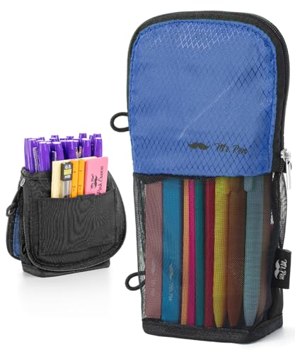 Mr. Pen- Standing Pencil Case Pouch, Sit & Lay Mesh-View Design, Black & Blue, Interior Pocket & 2 Elastic Binder Loops, Cute Pencil Case for Girls and Boys - color: Black & Blue