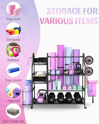 Mythinglogic Weight Rack for Dumbbells, Home Gym Storage for Yoga Mat Dumbbells Kettlebells and Strength Training Equipment, Dumbbell Rack with Wheels and Hanging Hooks - color: Black