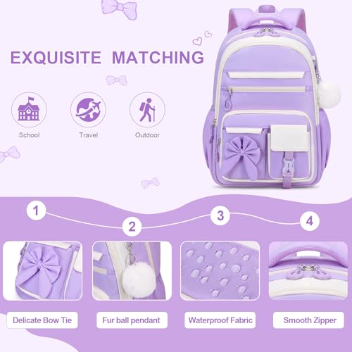DIGOBAY Backpack for Girls, 3PCS Girls Backpack for School with Lunch Bag Pencil Case, Cute Kids Teens Bookbag for Kindergarten Elementary Preschool Middle School (Purple) - color: Beige-purple