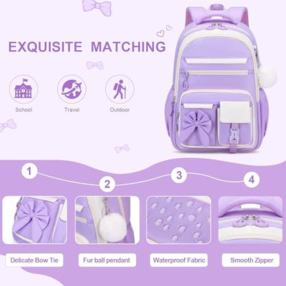 DIGOBAY Backpack for Girls, 3PCS Girls Backpack for School with Lunch Bag Pencil Case, Cute Kids Teens Bookbag for Kindergarten Elementary Preschool Middle School (Purple) - color: Beige-purple