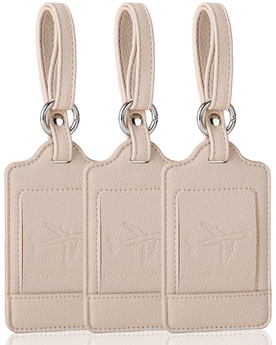 3 Pack Luggage Tags - Quick Install, Privacy Protection, Airplane Travel Essentials for Suitcases, Durable Leather - Lichee Beige - color: Lichee Beige
