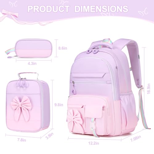 DIGOBAY Backpack for Girls, 3PCS Girls Backpack for School with Lunch Bag Pencil Case, Cute Kids Teens Bookbag for Kindergarten Elementary Preschool Middle School - color: Gradient Purple-pink