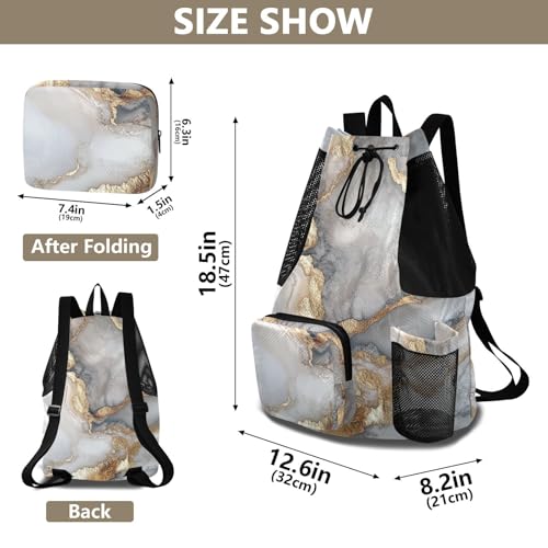 Drawstring Backpacks Camp Bag With Inside Pockets String Swim Bag Dry Wet Separation Marble White Neutral - color: Color 17