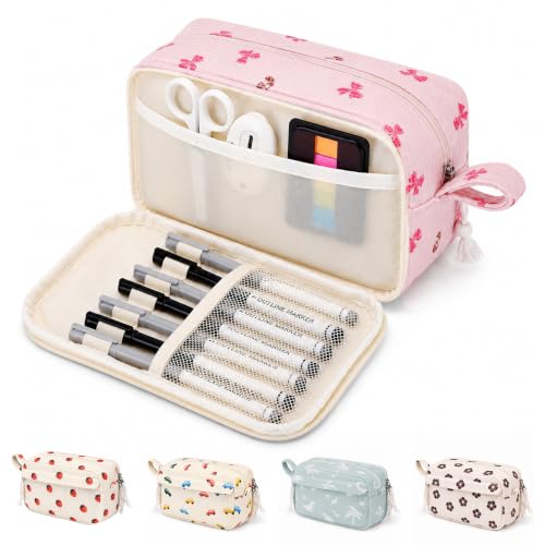 Big Capacity Pencil case,Soft Corduroy Pencil Bag with 3 Compartment,Pencil Pouch School Supplies Cute Pencil Box Pencil Bag for Teen Girls Boys College (Pink Bow With Cherry) - color: Pink Bow With Cherry