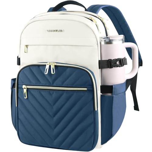 VANKEAN Laptop Backpack for Women with Pouch Pocket for Large Capacity Tumbler, 15.6 Inch Laptop Computer Bag Travel Backpack Purse,Waterproof Work Business College Teacher Bags, Beige-Haze blue - color: Beige-haze Blue, size: 15.6 Inch